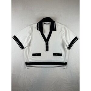 Karl Lagerfeld Paris Women's White Black Knit Polo Shirt LG‎